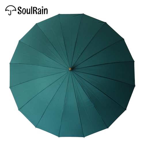 SoulRain 16 Ribs 48 Stick Umbrella Auto Open Solid Color Fashionable and SimpleArc Classic Wood HandleWindproof Unbreakable Stick Rain Umbrella Dark Green - Image 3