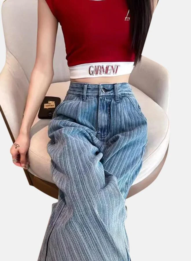 يونيكي Blue Straight Fit High-Rise with Side Stripe Jeans