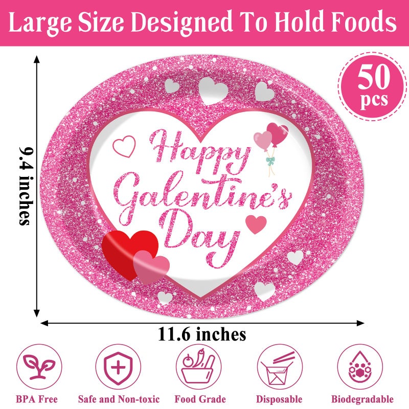 QOUBAI 50Pcs Happy Galentine's Day Party Oval Plates 11 Inch Large Galentines Tableware Set Pink Love Disposable Paper Plates Spring Heart Dinnerware for Baby Bridal Shower Decoration Supplies - Image 2