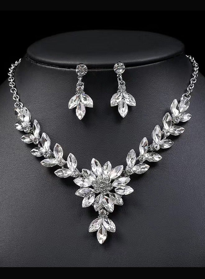 Silver Color Bridal Wedding Jewelry Set Bridesmaid Party Choker Necklace Water Drop Pendant Earrings Sets for Women and Girls Zircon Dinner Dress Accessories - Image 1