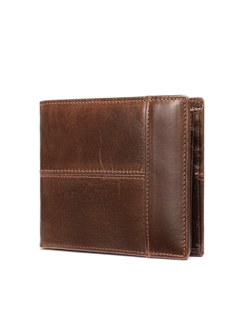 Men's RFID Blocking Vintage Top Layer Cowhide Wallet - Portable Slim Bi-fold Design with 14 Card Slots, Anti-theft Lining, Large Capacity & Gift Ready, Oil Curry  - Image 1