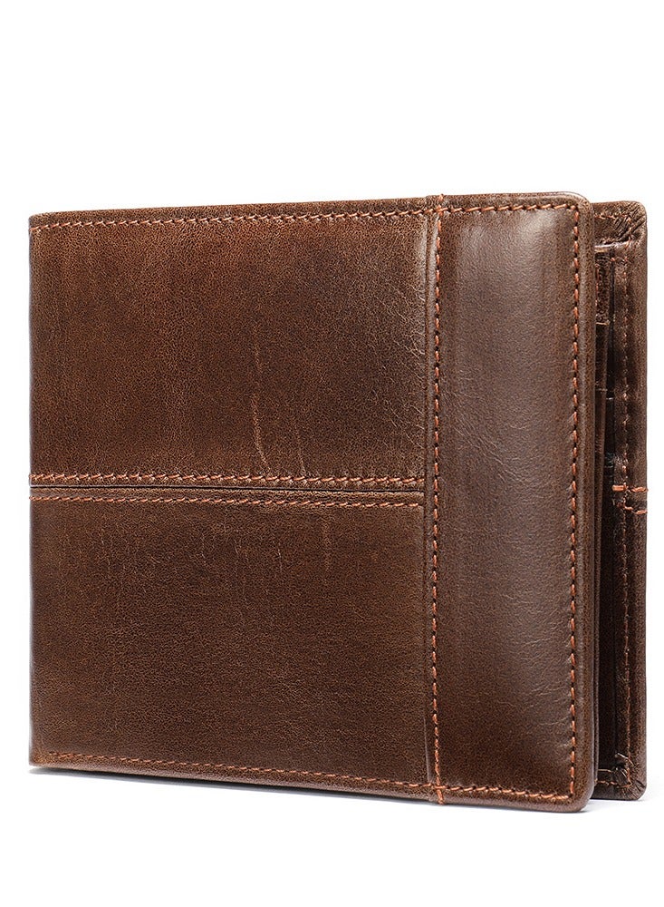 Men's RFID Blocking Vintage Top Layer Cowhide Wallet - Portable Slim Bi-fold Design with 14 Card Slots, Anti-theft Lining, Large Capacity & Gift Ready, Oil Curry  - Image 2