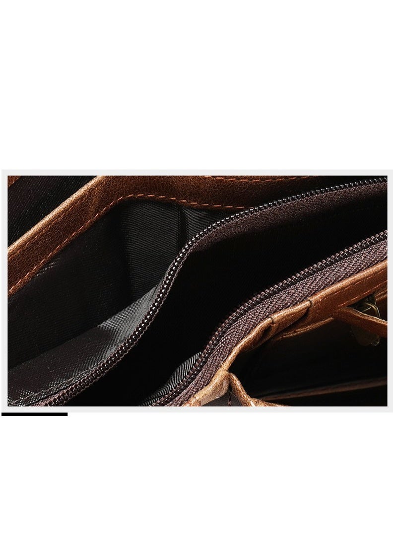 Men's RFID Blocking Vintage Top Layer Cowhide Wallet - Portable Slim Bi-fold Design with 14 Card Slots, Anti-theft Lining, Large Capacity & Gift Ready, Oil Curry  - Image 4