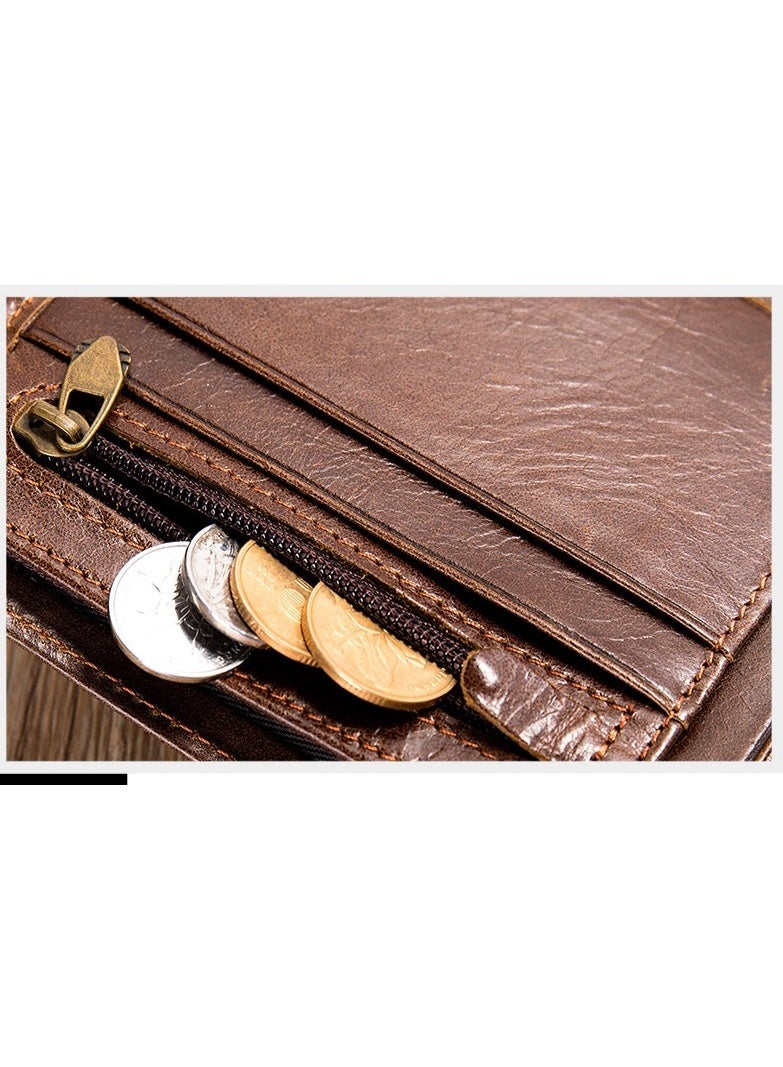 Men's RFID Blocking Vintage Top Layer Cowhide Wallet - Portable Slim Bi-fold Design with 14 Card Slots, Anti-theft Lining, Large Capacity & Gift Ready, Oil Curry  - Image 3