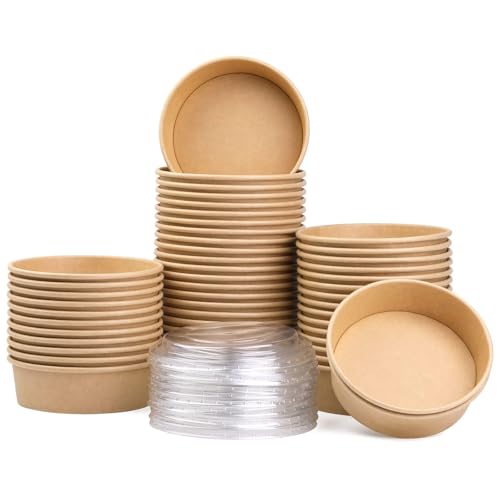 Fniiva 50 ​pack 17 oz Round Disposable Kraft Paper Bowls, Disposable Food Containers with Lids for Diet Salad, Ice Cream, Yogurt, Party Food for Parties Events - Image 1