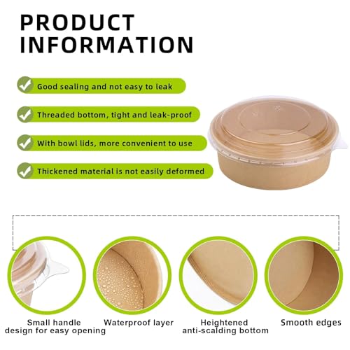 Fniiva 50 ​pack 17 oz Round Disposable Kraft Paper Bowls, Disposable Food Containers with Lids for Diet Salad, Ice Cream, Yogurt, Party Food for Parties Events - Image 3