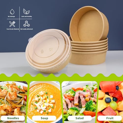 Fniiva 50 ​pack 17 oz Round Disposable Kraft Paper Bowls, Disposable Food Containers with Lids for Diet Salad, Ice Cream, Yogurt, Party Food for Parties Events - Image 5