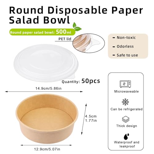 Fniiva 50 ​pack 17 oz Round Disposable Kraft Paper Bowls, Disposable Food Containers with Lids for Diet Salad, Ice Cream, Yogurt, Party Food for Parties Events - Image 2
