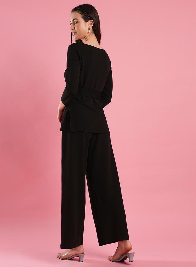 globus Solid Boat Neck Belted Top and Flared Pants Co-Ords - Image 3