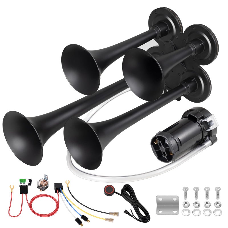 BANHAO Truck Air Horn 180DB 4 Trumpet Horns Train Horn Kit for Truck 12V Super Loud with compressor suitable for pickupmotorhomeSUVtrucktrain4Trumpet Black with Air Compressor 12V