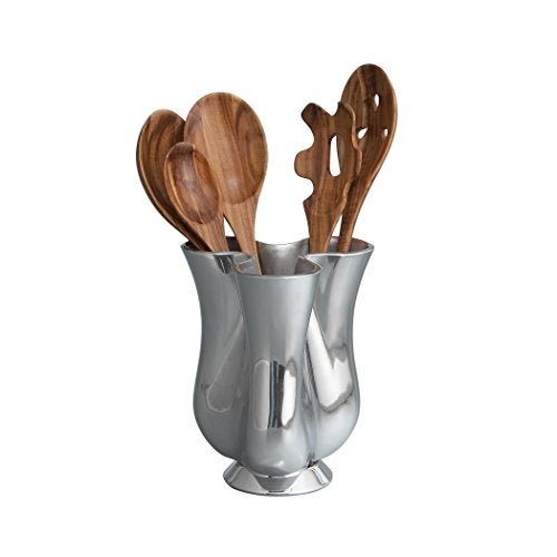 nambe Tulip Tool Jug with 5 Piece Kitchen Tool Set | Utensil Holder for Countertop with Assorted Kitchen Utensils | Made from Nambe Alloy and Acacia Wood - Image 1