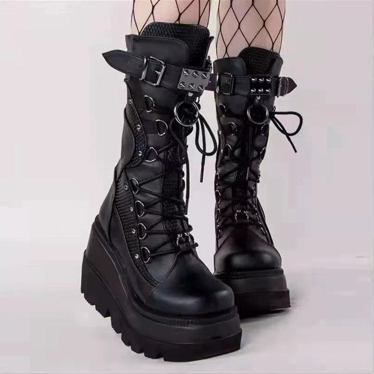 Wedge Martin Boots Women''s 2022 New and Large Size Punk Style Handsome Thick Bottom Medium Boots Women - Image 2