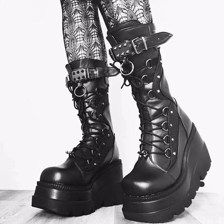 Wedge Martin Boots Women''s 2022 New and Large Size Punk Style Handsome Thick Bottom Medium Boots Women - Image 5