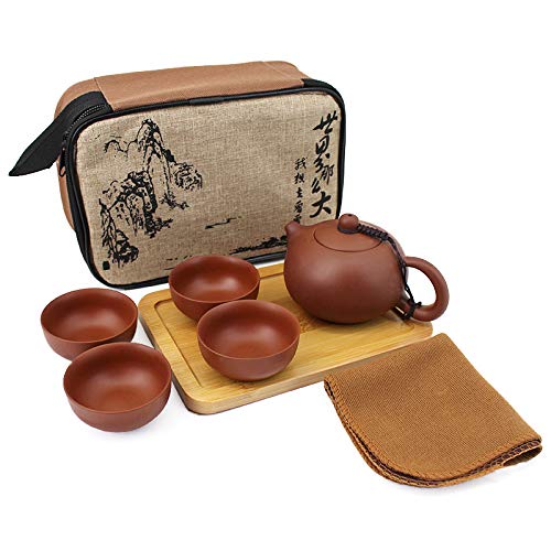 Queena Portable Yixing Zisha Tea Set Handmade Purple Clay Teapot Teacups Traditional Chinese Style Xishi Teapot with Travel Bag Gift for Dad Grandpa Husband - Image 2