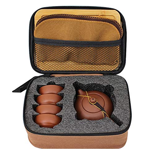 Queena Portable Yixing Zisha Tea Set Handmade Purple Clay Teapot Teacups Traditional Chinese Style Xishi Teapot with Travel Bag Gift for Dad Grandpa Husband - Image 3