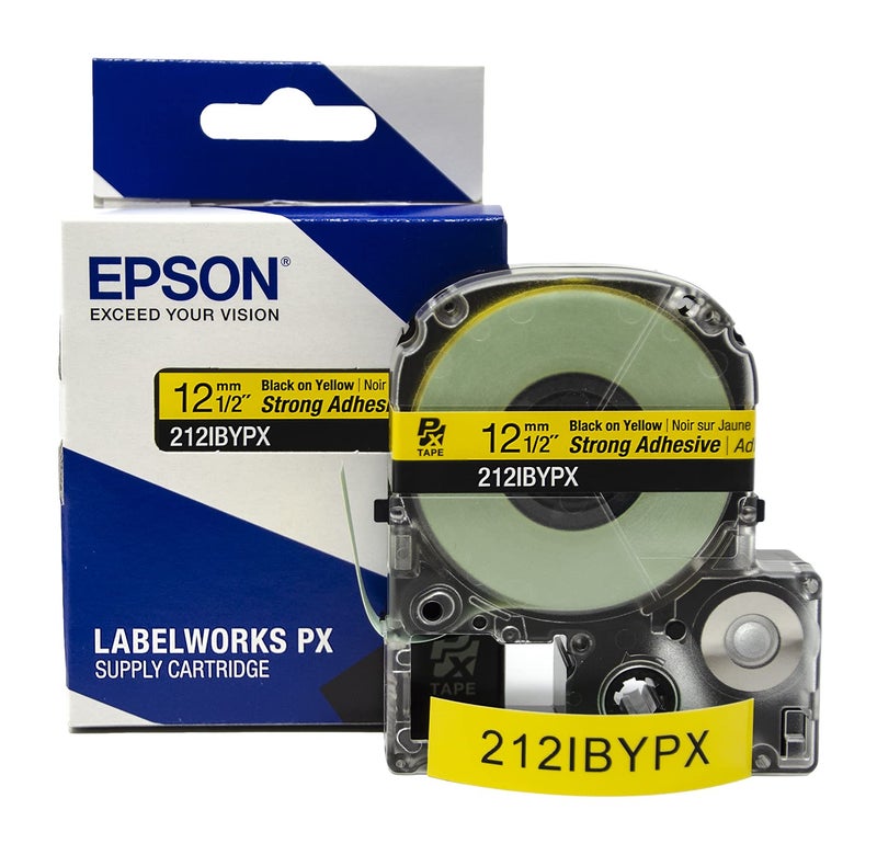 LABELWORKS Epson 212IBYPX Genuine PET (Polyester) Tape Cartridge - Black on Yellow Label Maker Tape, Strong Adhesive - 1/2" (12MM) Wide, 30' - Image 1