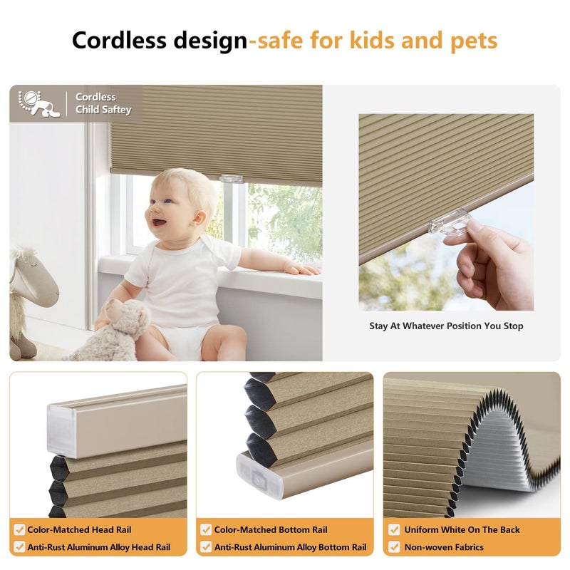LazBlinds Cordless Cellular Shades, Blackout Privacy Honeycomb Shades for Home, Thermal Insulation Noise Reduction Blinds for Windows, 21'' W x 48'' H, Taupe - Image 2
