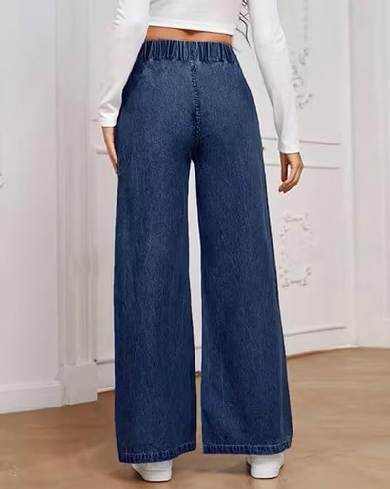 ADBUCKS Women's Stretch Denim Wide Leg Jeans Comfort Fit with Elastic Waistband, Straight Cut, Casual Style for All Seasons, Versatile Clothing (in, Numeric, 38, Dark Blue) - Image 4