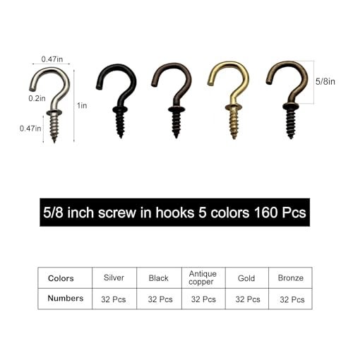IDEALSV 160 Pcs Small Screw Hooks, 5/8 Inch Metal Twist in Hook, Christmas Lights Patio Hanging Jewelry Hooks 5 Colors (Gold,Bronze,Black,Antique Copper,Silver) - Image 5