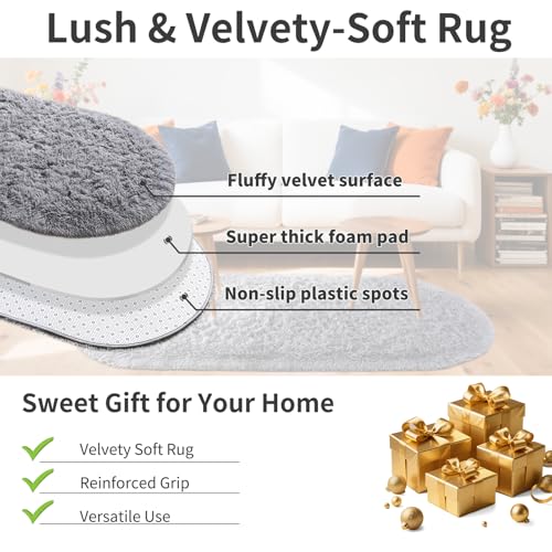Noahas Fluffy Grey Rugs for Bedroom Living Room,2.6'X5.3' Oval Throw Rug for Kids Room,Shag Hallway Runner Rug,Small Soft Shaggy Bedside Non-Slip Plush Nursery Dorm Carpet Home Decor Aesthetic - Image 4