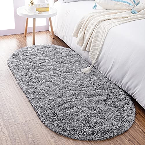 Noahas Fluffy Grey Rugs for Bedroom Living Room,2.6'X5.3' Oval Throw Rug for Kids Room,Shag Hallway Runner Rug,Small Soft Shaggy Bedside Non-Slip Plush Nursery Dorm Carpet Home Decor Aesthetic - Image 1