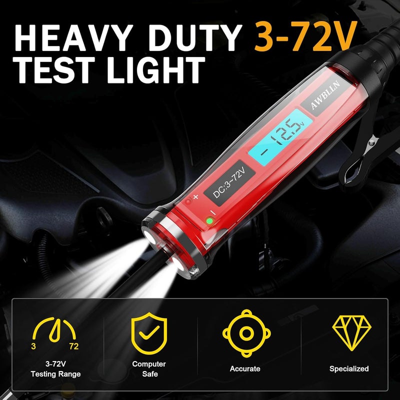 AWBLIN 3-72V DC Automotive Circuit Tester with LCD Display and LED Indicator - Image 2