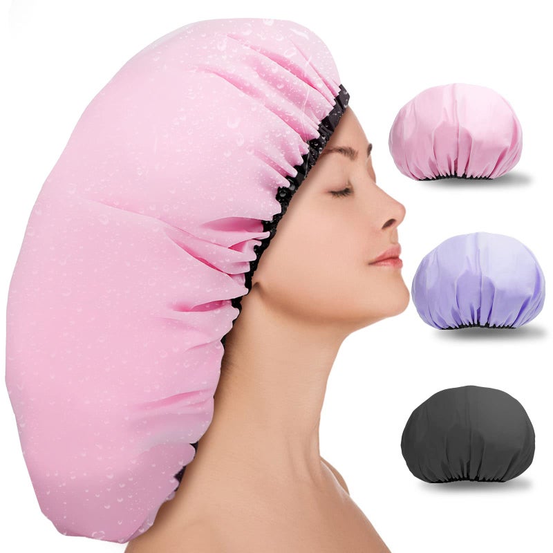 Sheomern 3 Pcs 165 Super Extra Large Shower Cap Reusable Dual Waterproof for Women Jumbo Satin Lined for Braids Long Hair XXL Adjustable for Locs Dreadlocks Music