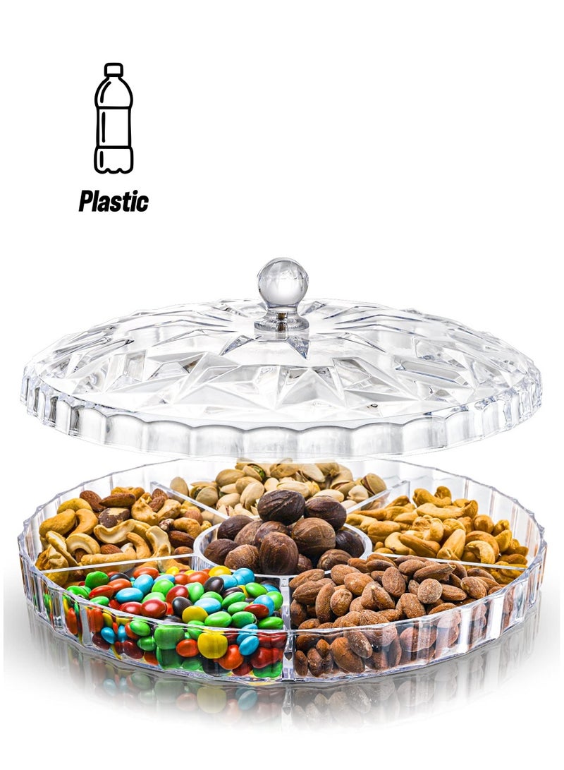 Arabest صينية الوجبات الخفيفة، صينية المقبلات مقاس 12 بوصة، 6 أقسام دائرية بلاستيكية لتخزين الطعام مع غطاء للفواكه المجففة والمكسرات والحلوى والبسكويت الحلو والفواكه - Image 1