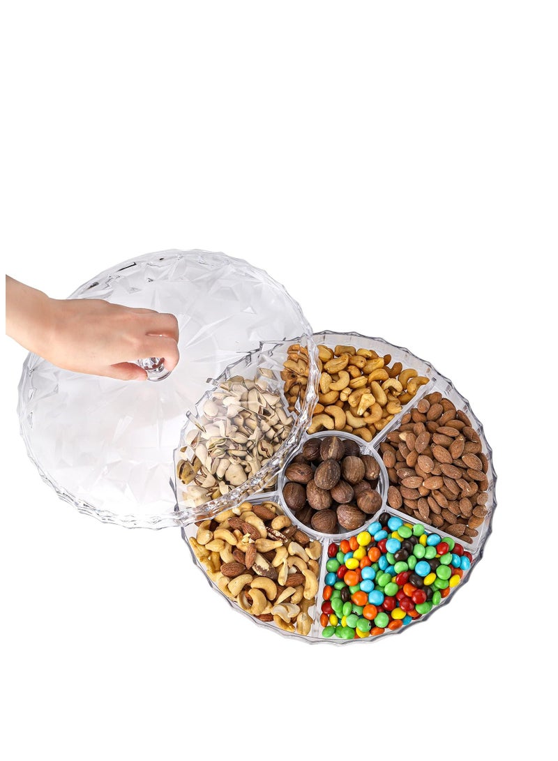 Arabest صينية الوجبات الخفيفة، صينية المقبلات مقاس 12 بوصة، 6 أقسام دائرية بلاستيكية لتخزين الطعام مع غطاء للفواكه المجففة والمكسرات والحلوى والبسكويت الحلو والفواكه - Image 4