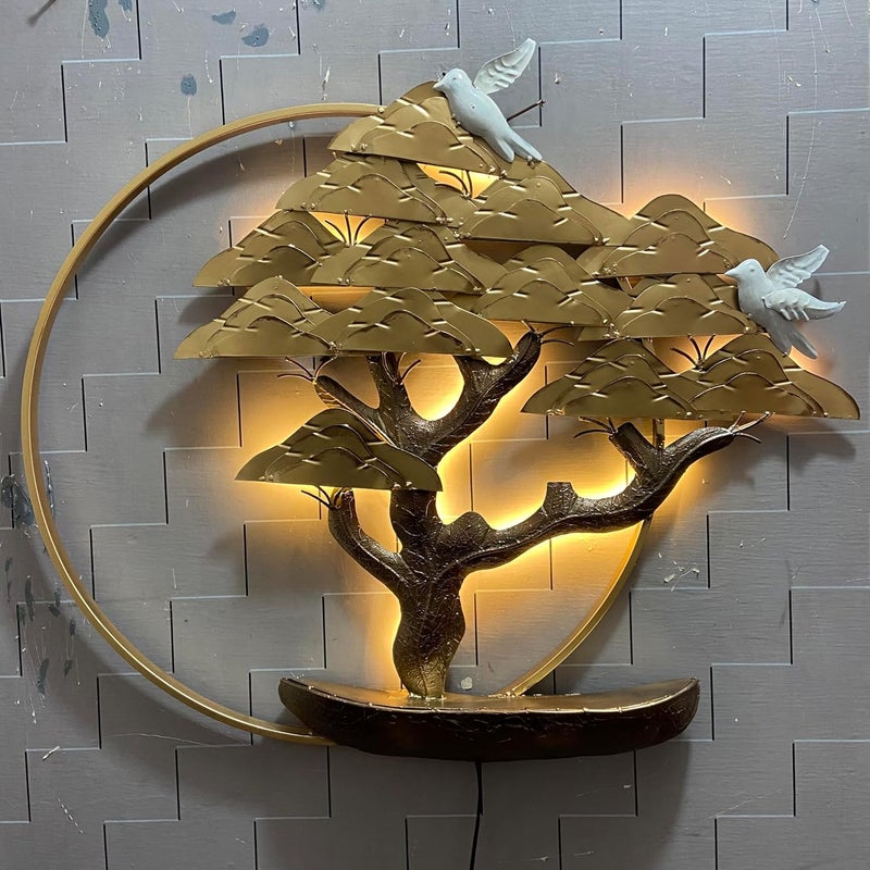 ToughCrafts ToughCrafts Metal Wall Art Dcor Cloud Tree With 2 Bird N Ring Wall 3D Art With Led 38 Inch X 32 Inch with LED Light