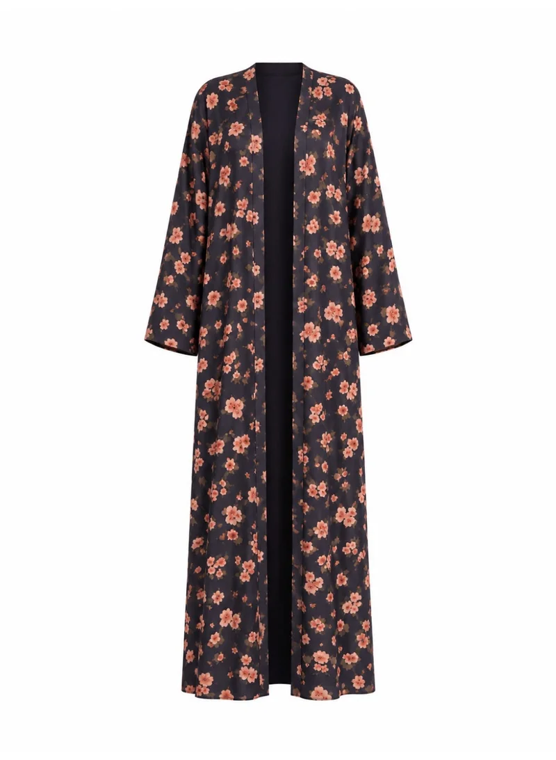 Amnad International  Floral Silk Abaya Set | Delicate Blossom Print with Wide Sleeves & Matching Printed Chiffon Hijab | Sizes 52–60 for Women | Best Price UAE