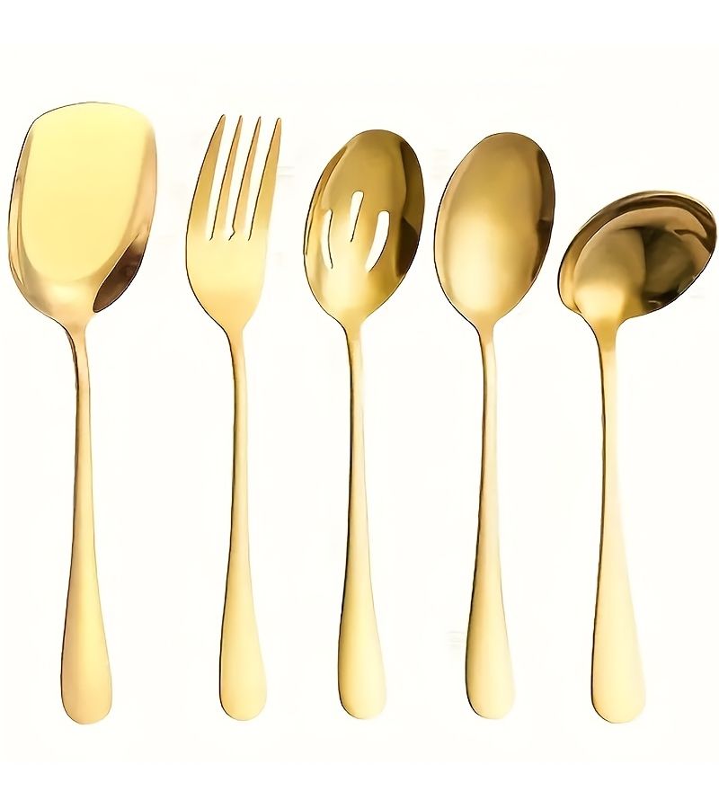 5pcs Silvery Stainless Steel Service Tableware Set Spoon Fork Slotted Spoon Shovel Buffet Dishwasher Safe - Image 1
