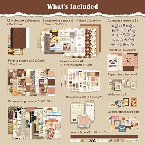 OFFIGIFT Scrapbooking Supplies Kit, 351pcs Bullet Junk Journal Kit with Journaling Supplies, Vintage Aesthetic Scrapbook Paper A6 Grid Notebook, Scrapbook Kit, Craft DIY Gift for Adult Teen Girl Kid Women - Image 4
