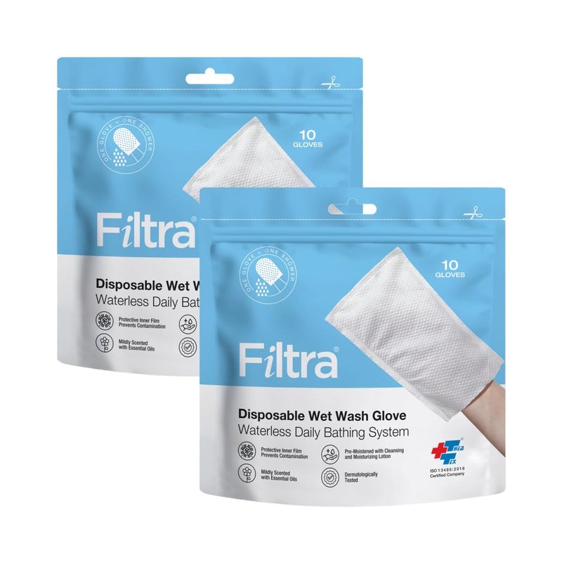 FILTRA® Disposable Wet Wash Gloves | Body Wipes | Bathing Gloves | Bed Bath Wipes | Bathing Wipes Pre-Moistened | 2 x Re-Sealable Zip Lock Pouch of 10 Gloves (10 count (Pack of 2)) - Image 1