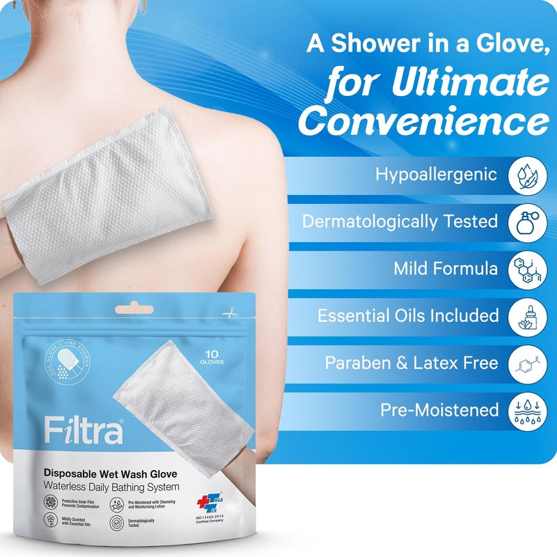 FILTRA® Disposable Wet Wash Gloves | Body Wipes | Bathing Gloves | Bed Bath Wipes | Bathing Wipes Pre-Moistened | 2 x Re-Sealable Zip Lock Pouch of 10 Gloves (10 count (Pack of 2)) - Image 4
