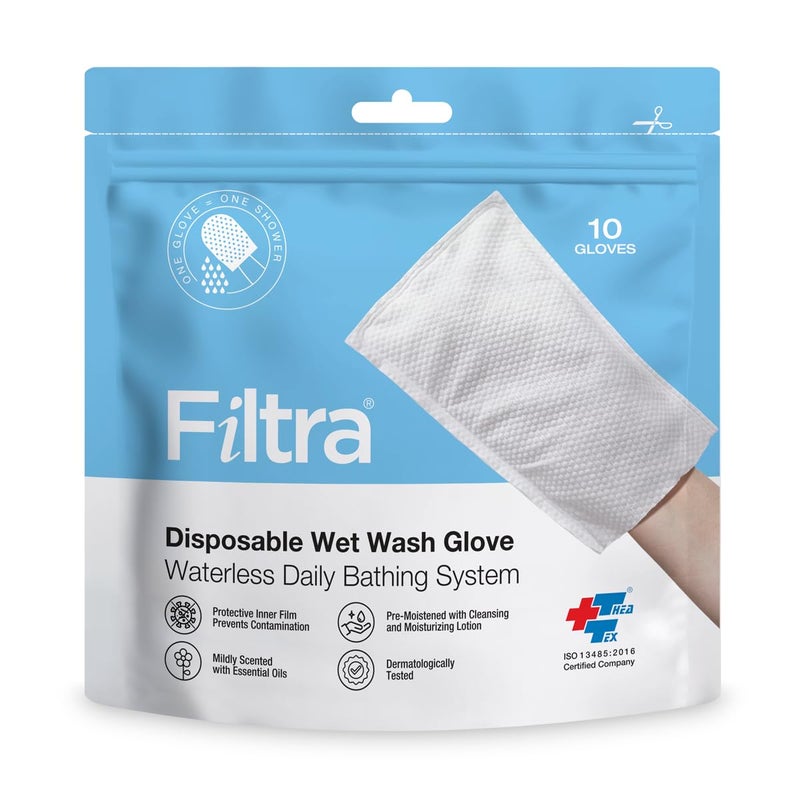 FILTRA® Disposable Wet Wash Gloves | Body Wipes | Bathing Gloves | Bed Bath Wipes | Bathing Wipes Pre-Moistened | 2 x Re-Sealable Zip Lock Pouch of 10 Gloves (10 count (Pack of 2)) - Image 2