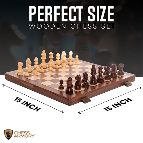 Chess Armory Wooden Chess Set 15 Inch - Premium Walnut Wood Handcrafted Game Board for Adults and Kids with Extra Queen Pieces and Storage Box - Ideal for Home and Travel - Non-Magnetic - Image 4