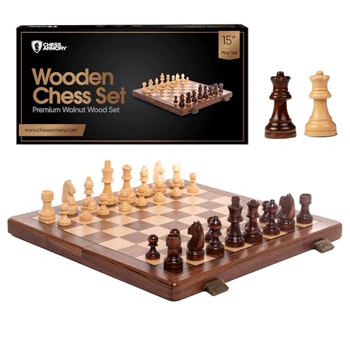 Chess Armory Wooden Chess Set 15 Inch - Premium Walnut Wood Handcrafted Game Board for Adults and Kids with Extra Queen Pieces and Storage Box - Ideal for Home and Travel - Non-Magnetic - Image 1