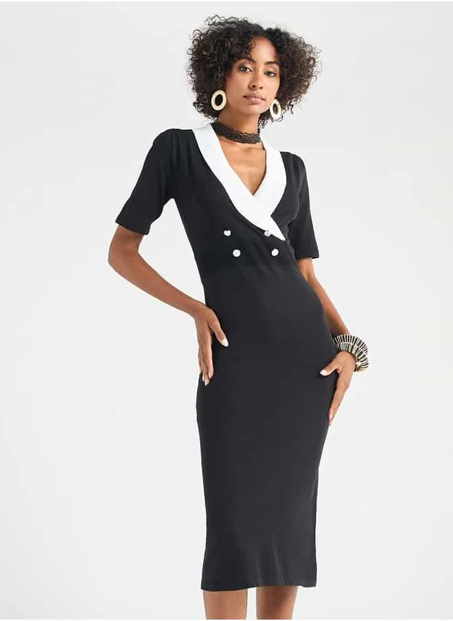 FAV Solid Lapel Dress with Short Sleeves and Button Detail