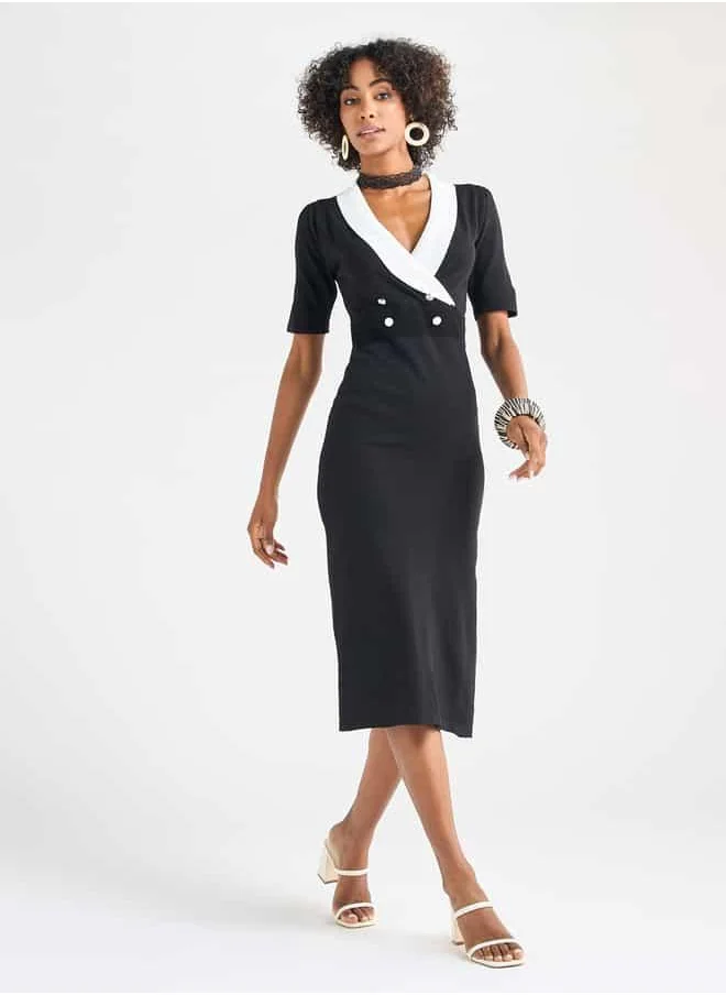 FAV Solid Lapel Dress with Short Sleeves and Button Detail