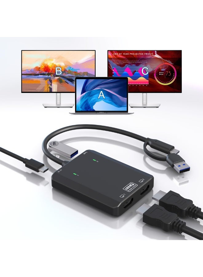 USB 3.0 or USB C to Dual HDMI Splitter Extended Display for Dual Monitor, Azonee USB to 2X HDMI Monitors 1080p@60Hz for Laptop Monitor Desktop TV, Mac OS Windows Android