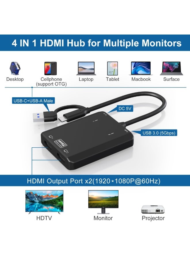 USB 3.0 or USB C to Dual HDMI Splitter Extended Display for Dual Monitor, Azonee USB to 2X HDMI Monitors 1080p@60Hz for Laptop Monitor Desktop TV, Mac OS Windows Android - Image 2