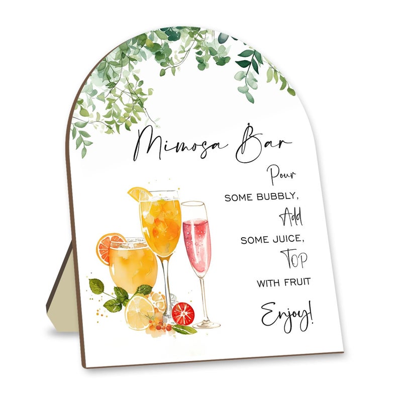 Hatzelou Boho Mimosa Bar Sign, Wooden Sign with Stand, Floal Decoration Baby Shower Sign, Baby Shower Welcome Sign, Baby Shower Supplies, Party Decor Supplies, white - Image 1