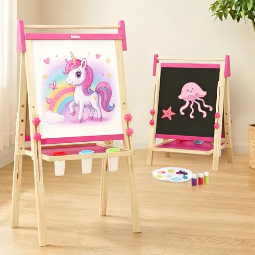 Belleur Wooden Art Easel for Kids 2 Adjustable Double Sided Easel for Toddlers with DryErase Board Magnetic Whiteboard Paper Roll Rod 2840 Height Learning Toys Gift for Child Pink - Image 1