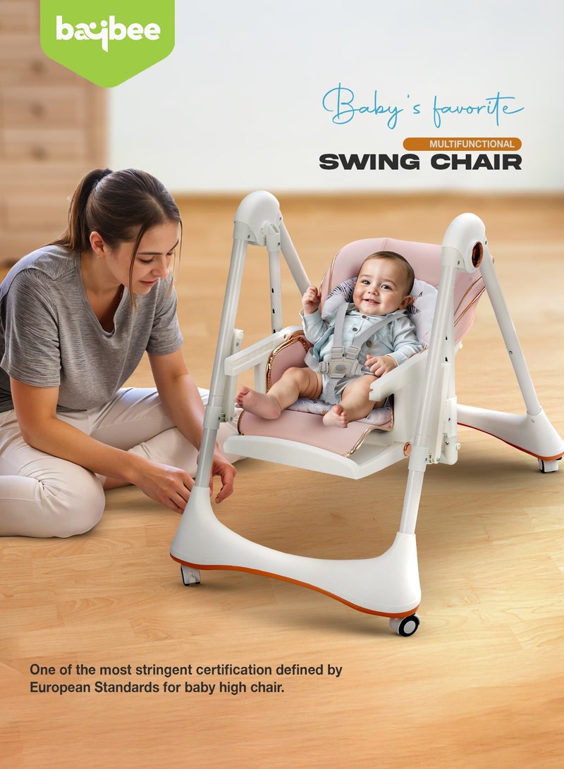 BAYBEE Multifunctional Baby High Chair for Kids with Convertible Swing Mode | Toddler Feeding Chair with 5 Adjustable Height, Recline & 5-Point Safety Harness | Baby Swing Chair with Adjustable Tray & Footrest | Kids High Chair for Baby for 6 Months to 4 Years Boy Girl Pink - Image 2