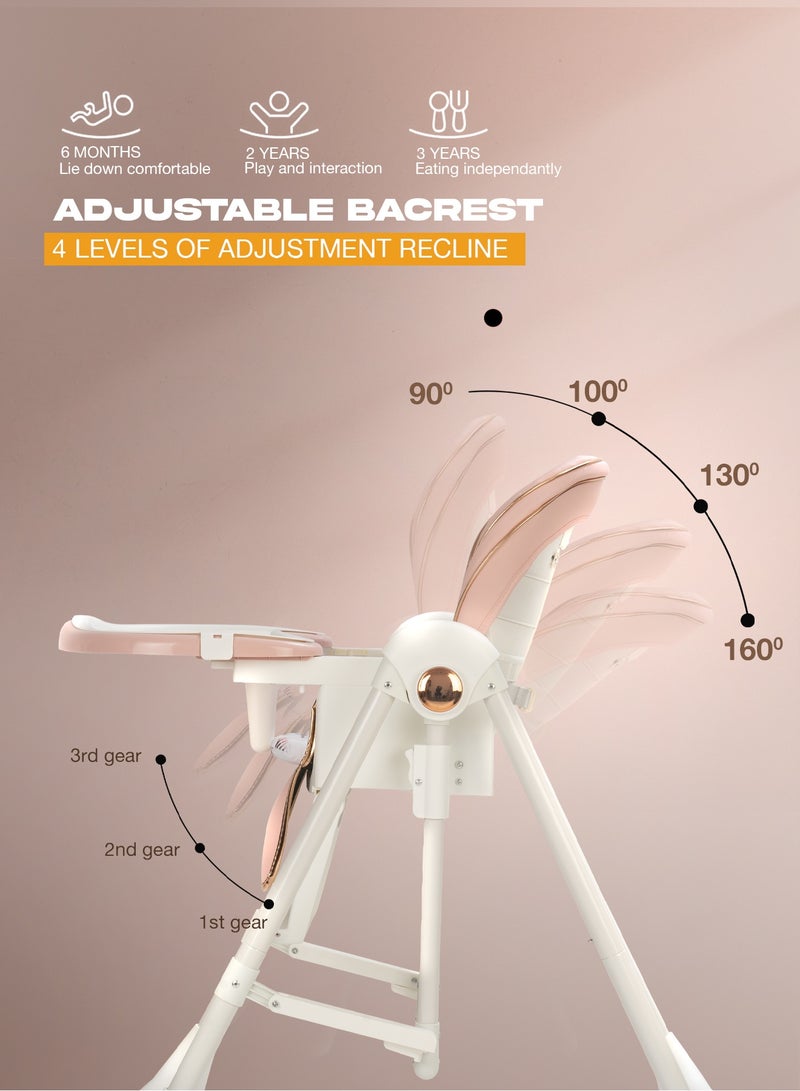 BAYBEE Multifunctional Baby High Chair for Kids with Convertible Swing Mode | Toddler Feeding Chair with 5 Adjustable Height, Recline & 5-Point Safety Harness | Baby Swing Chair with Adjustable Tray & Footrest | Kids High Chair for Baby for 6 Months to 4 Years Boy Girl Pink - Image 4