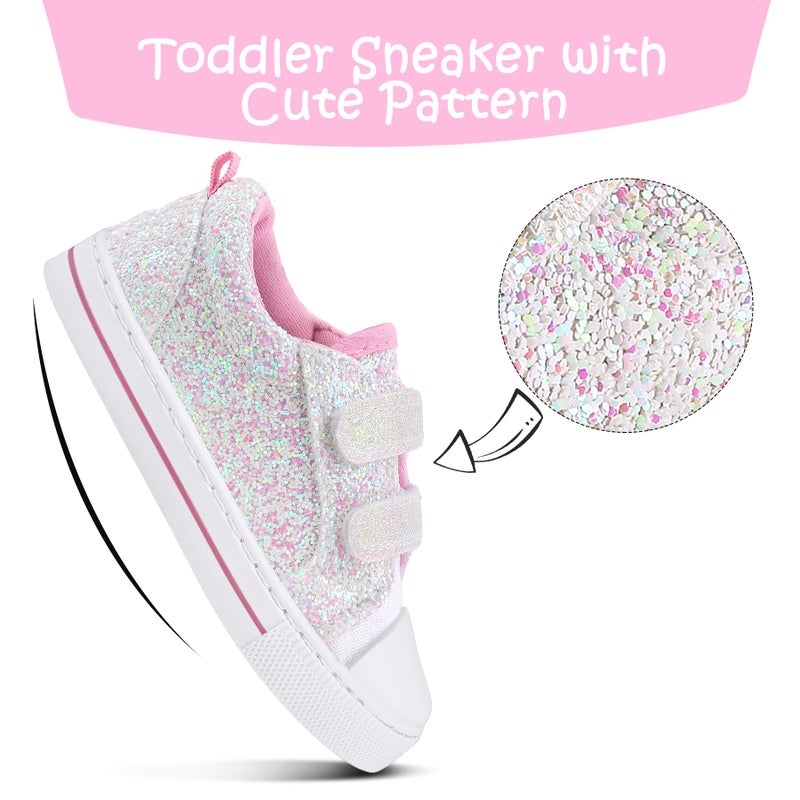 K KomForme Toddler Sneakers for Boys and Girls Dual Hook and Loops Sneakers Baby Canvas Shoes White Glitter - Image 4