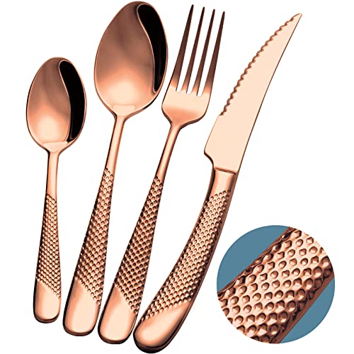 Xideman 16-Piece ​Modern Copper Hammered Silverware Set with Ultra Sharp 2-IN-1 Serrated Knife, Rose Gold 18/10 Stainless Steel Flatware Set, Utensil Cutlery Set for 4 Person, Forks Spoons Knives Set - Image 1