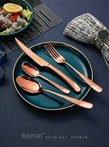 Xideman 16-Piece ​Modern Copper Hammered Silverware Set with Ultra Sharp 2-IN-1 Serrated Knife, Rose Gold 18/10 Stainless Steel Flatware Set, Utensil Cutlery Set for 4 Person, Forks Spoons Knives Set - Image 2