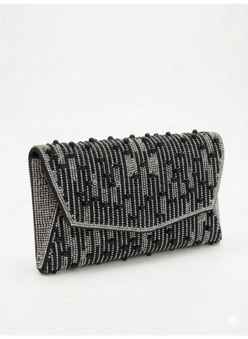 لايف ستيلاش  حقيبة كروس للسهره بفصوص لامعة مع حبات خرز - اسود ZS-7 - Image 1